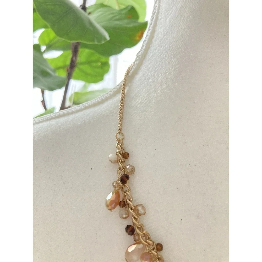 Gold Tone Chain Necklace Faceted Glass Bead Dangle Bib Necklace Peach Romantic